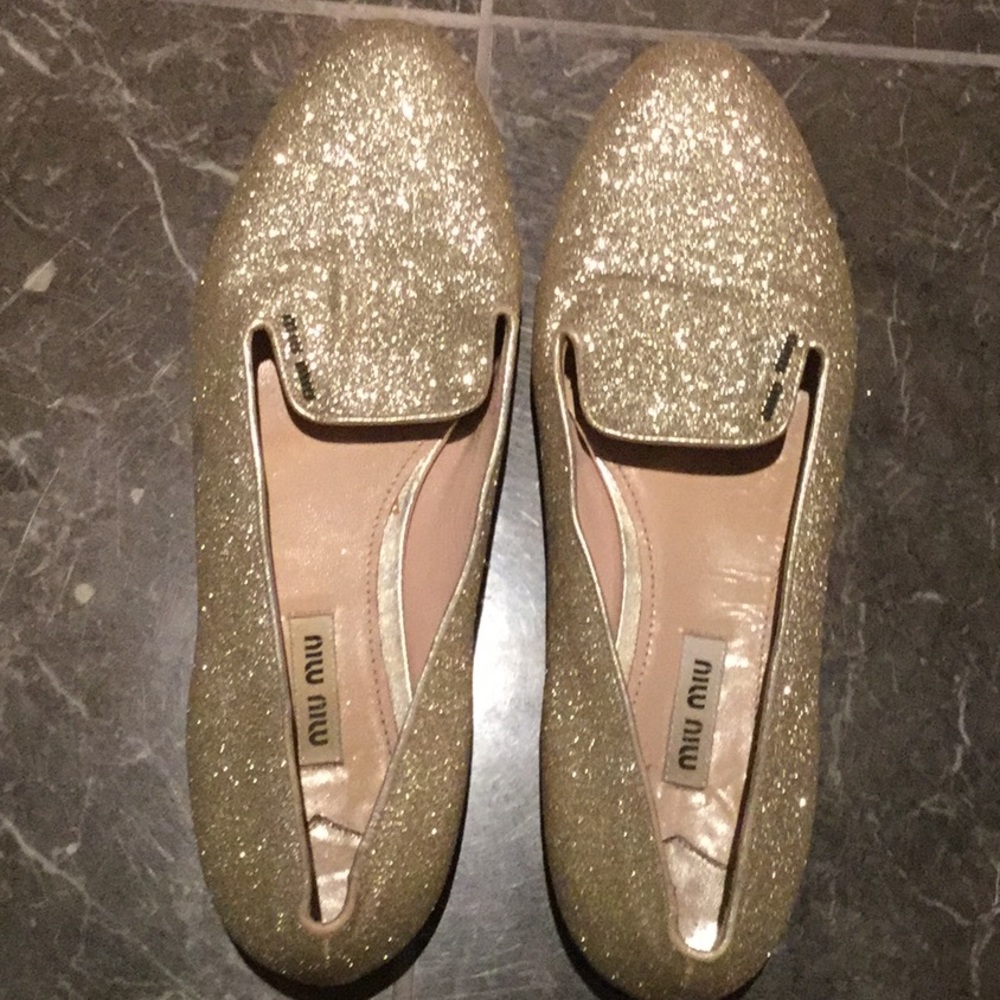 Authentic Miu Miu gold glitter flats.